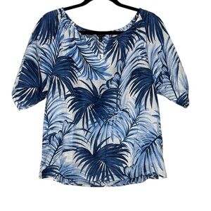 Talbots Shirt Size Small Blue White Linen Palm Leaf Puff Sleeve Split Neck